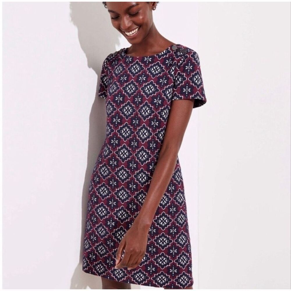Loft medallion jacquard dress geometric pattern shoulder button details size 16